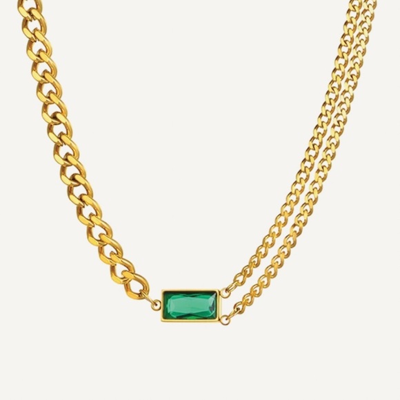 Green Zirconia Curb Mix Chain Necklace | Gold Plated Stainless Steel Necklace - Picture 3 of 3